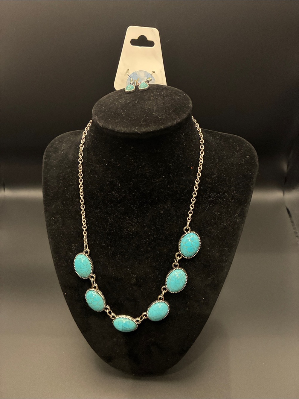 Fashion Jewelry Turquoise-Style Stone Necklace and Earrings - Blue Silver